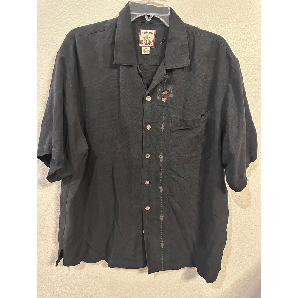 Tommy Bahama Silk Button Up Shirt Palm‎ Tree Embroidery Short Sleeve Mens Medium